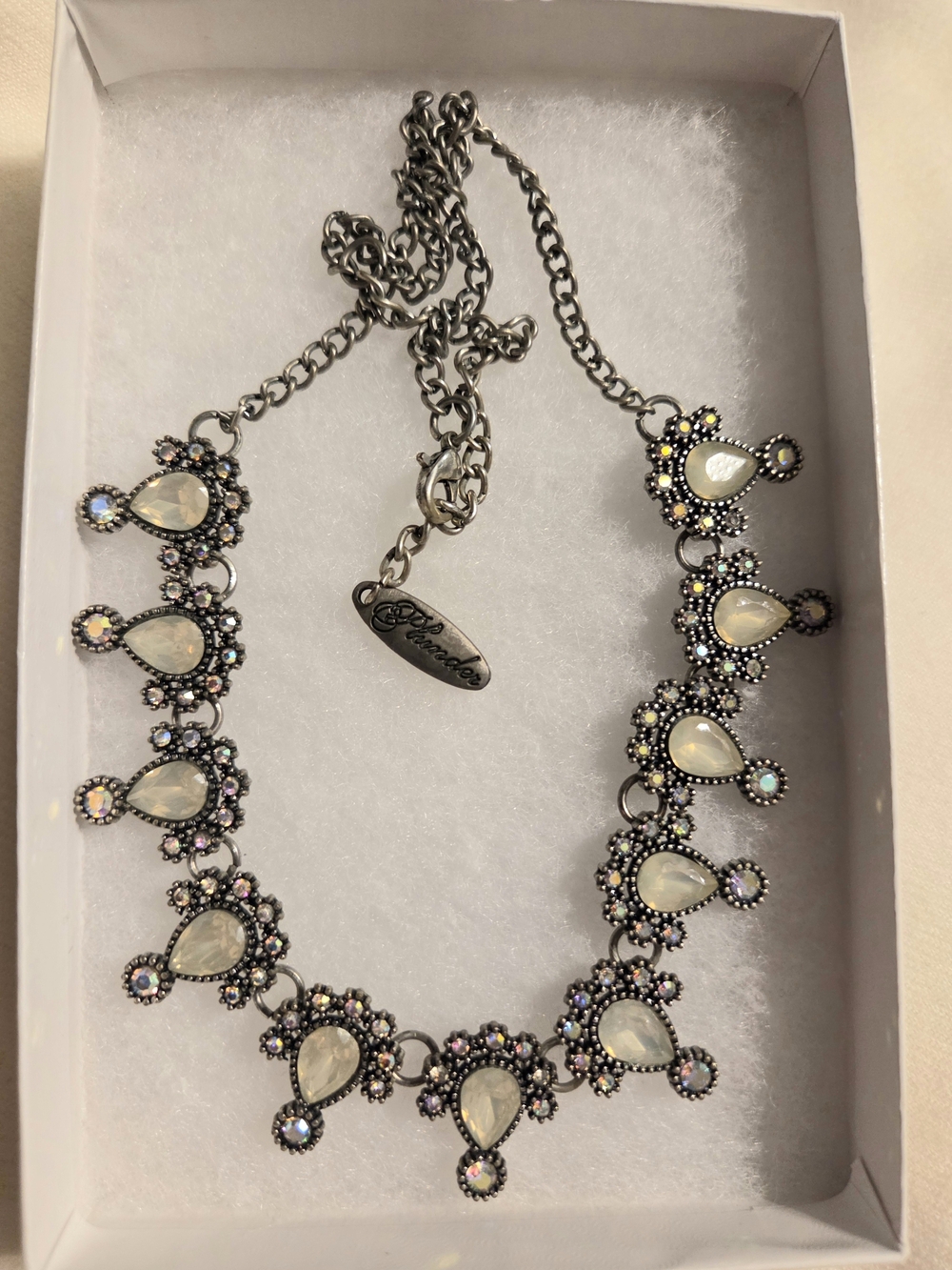 Plunder Opalescent Teardrop Bib Necklace - Cream & Silver